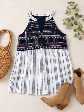 THML Navy, White & Red Embroidered Peplum Tank